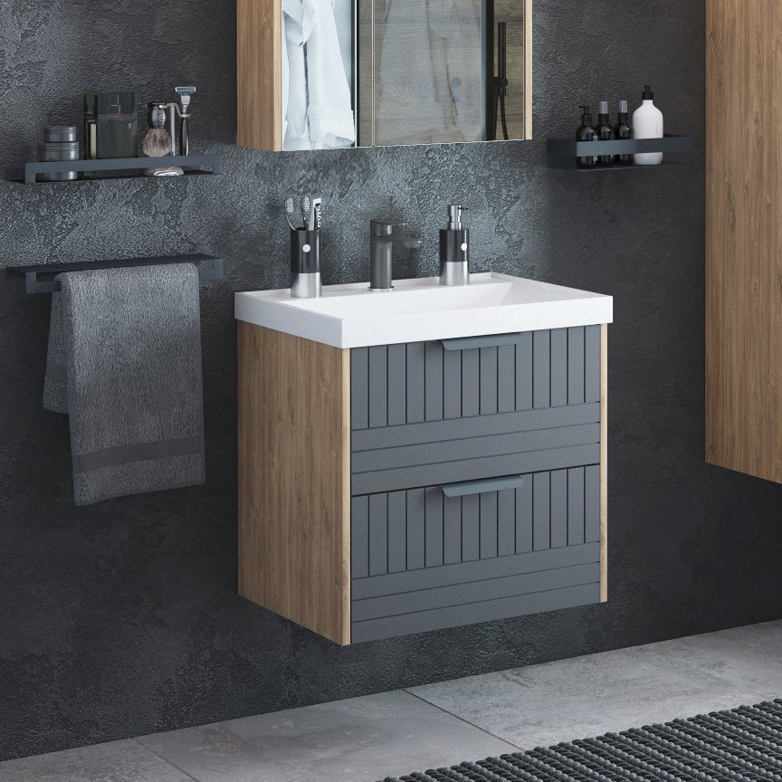 

Тумба с раковиной Corozo Инди 60 подвесная, дуб канзас, графит