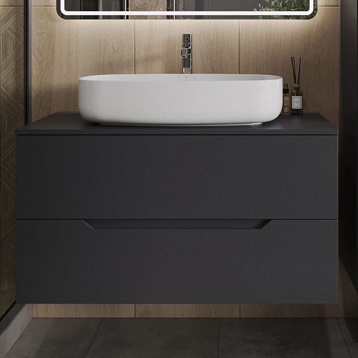 

Тумба с раковиной Orange Line 100 подвесная, 2 ящика, матовый графит с раковиной B07-675W