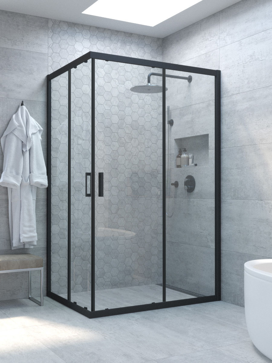 

Душевой уголок Vegas Glass ZA-F Novo h2000 90*80 02М 01 профиль матовый черный, стекло прозрачное