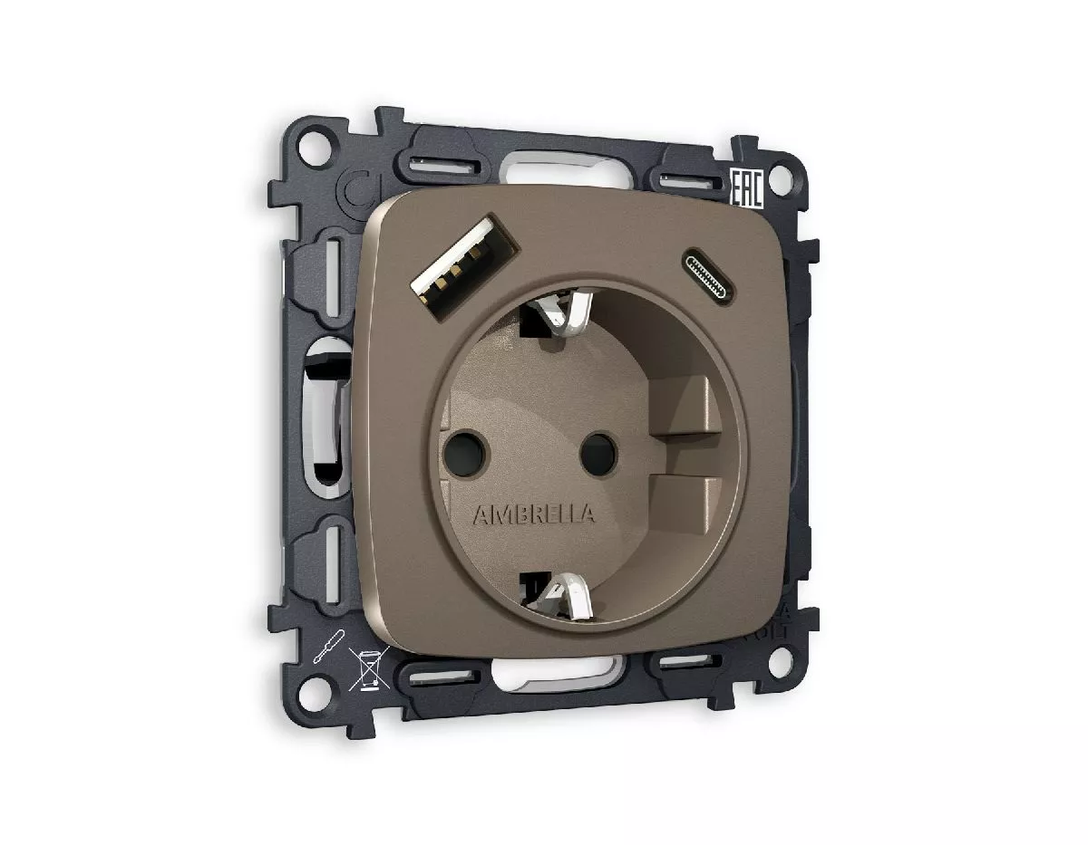 

Комплект механизма розетки 2USB A+C 20W (быстрая зарядка) с/з Ambrella Volt Omega MO640010