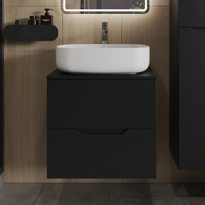 

Тумба с раковиной Orange Line 60 подвесная, 2 ящика, матовая черная с раковиной B07-540W