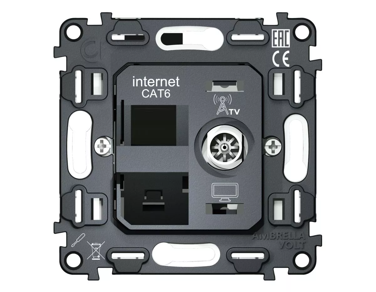 

Механизм розетки компьютерной + TV оконечной RJ-45 (8P8C) CAT6/50-870 MHz 1dB с автоматической защитной шторкой QUANT Ambrella Volt VM195