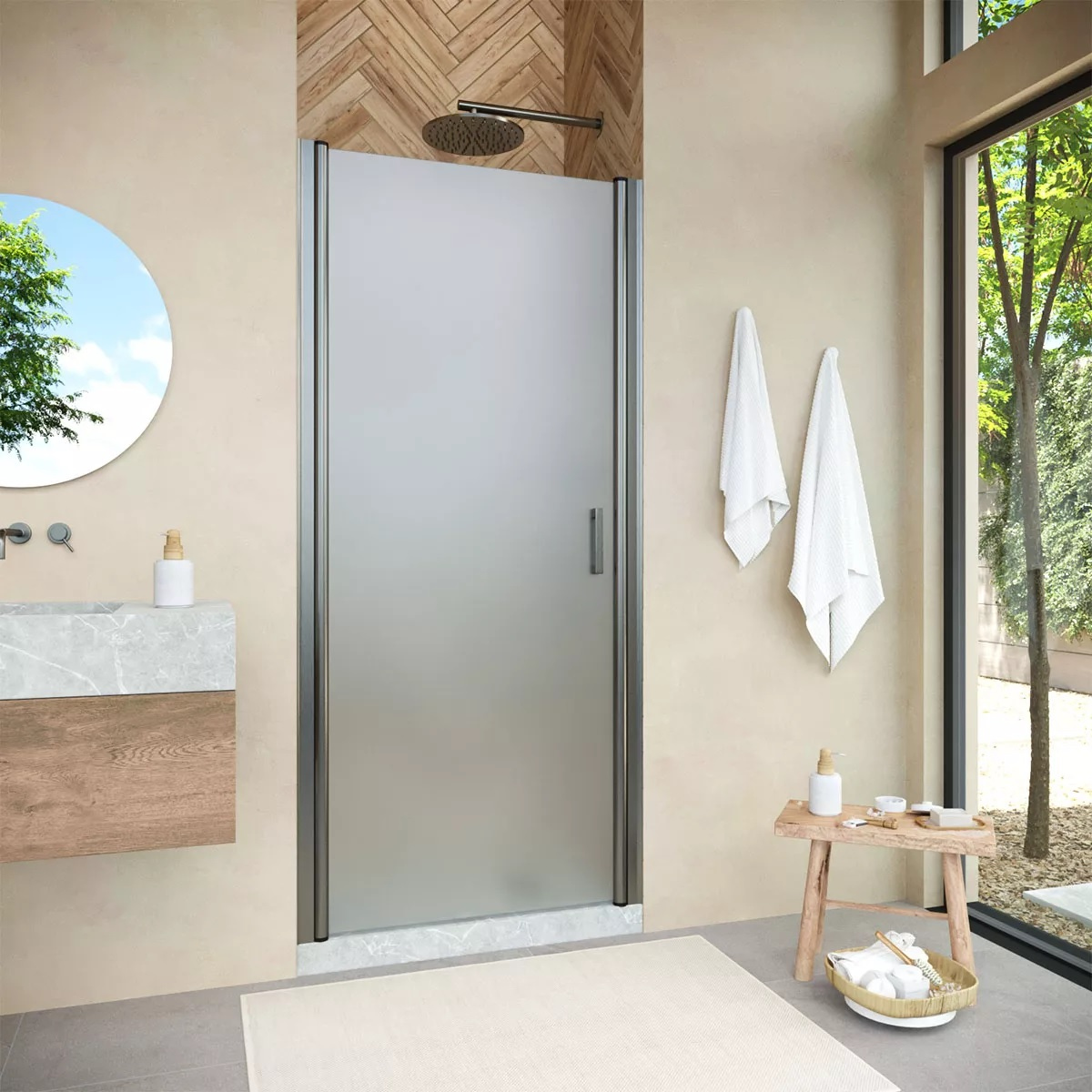 

Душевая дверь в нишу Vegas Glass EP Novo 80 11 10 профиль оружейная сталь, стекло сатин