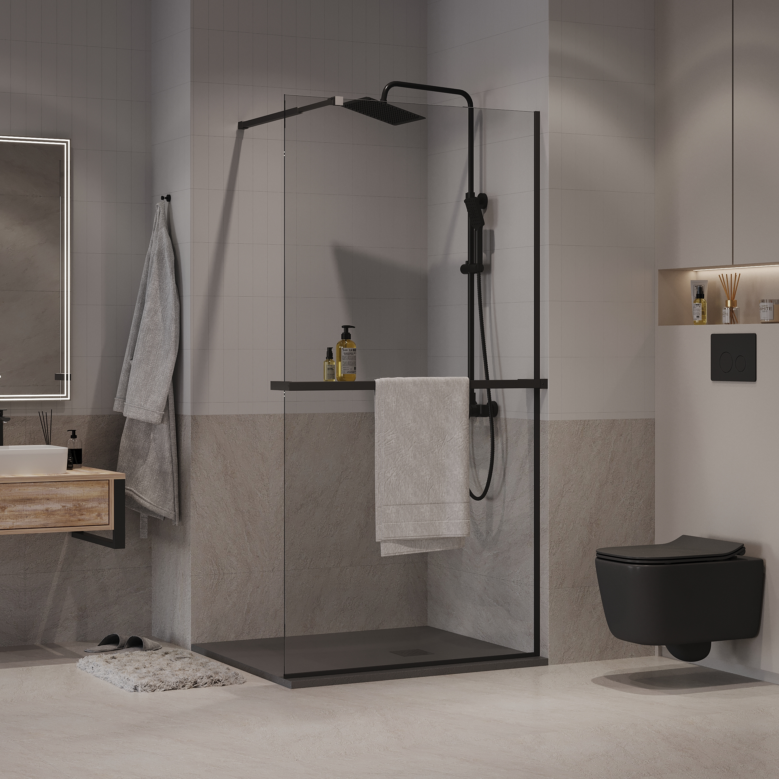 

Душевая перегородка Niagara Nova NG-670-10ВLACK 100х195, профиль матовый черный, стекло прозрачное, с полкой