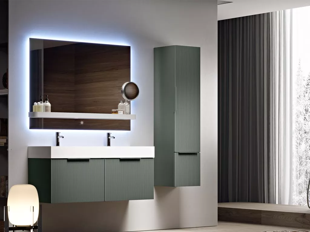 

PREMIUM Колонна подвесная с распашной дверью, с зеркалом внутри, одним выдвижным ящиком, реверсивная 55509 Plisse Grigio nuvola, 35x38x150