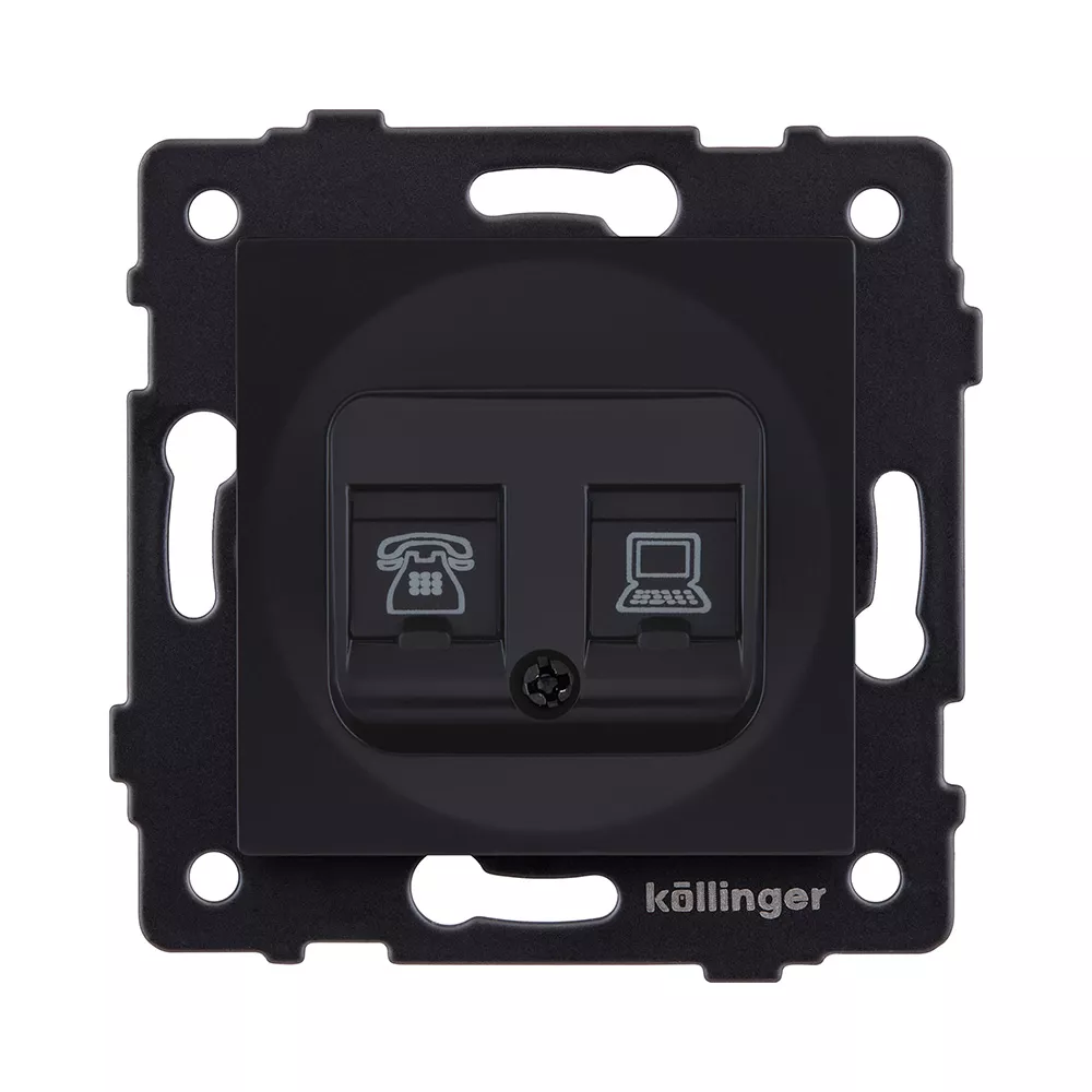 Розетка двойная RJ11 + RJ45 Cat.6, черный матовый Kollinger REA-011BM для Aspekt, Eleganz, Reflex