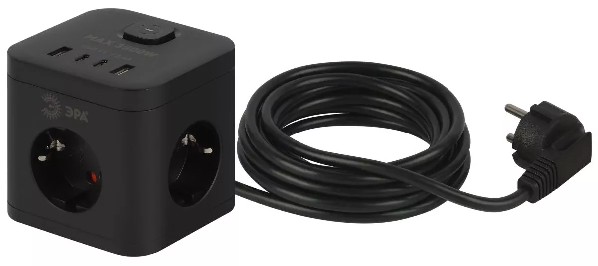 

Сетевой фильтр ЭРА CUBE-3es-1,5m-4USB-B куб с заземлением с выключателем 3 розетки+4xUSBA+C 1,5м 16А черный Б0069074