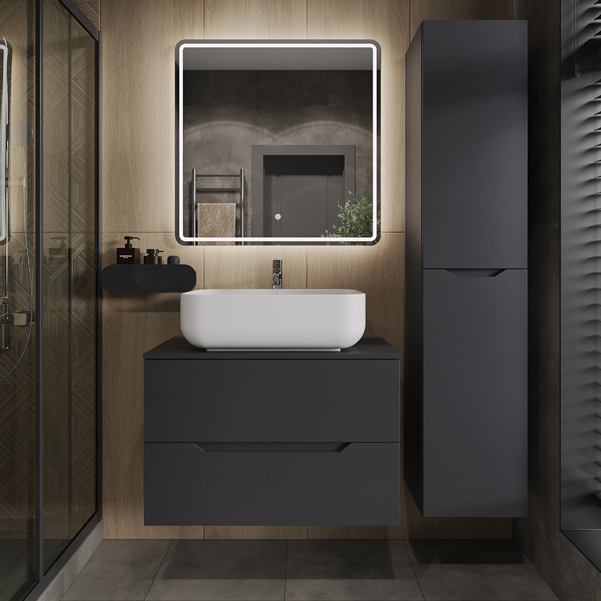 

Мебель для ванной комнаты Orange Line 80 подвесная, 2 ящика, матовый графит с раковиной B03-600W