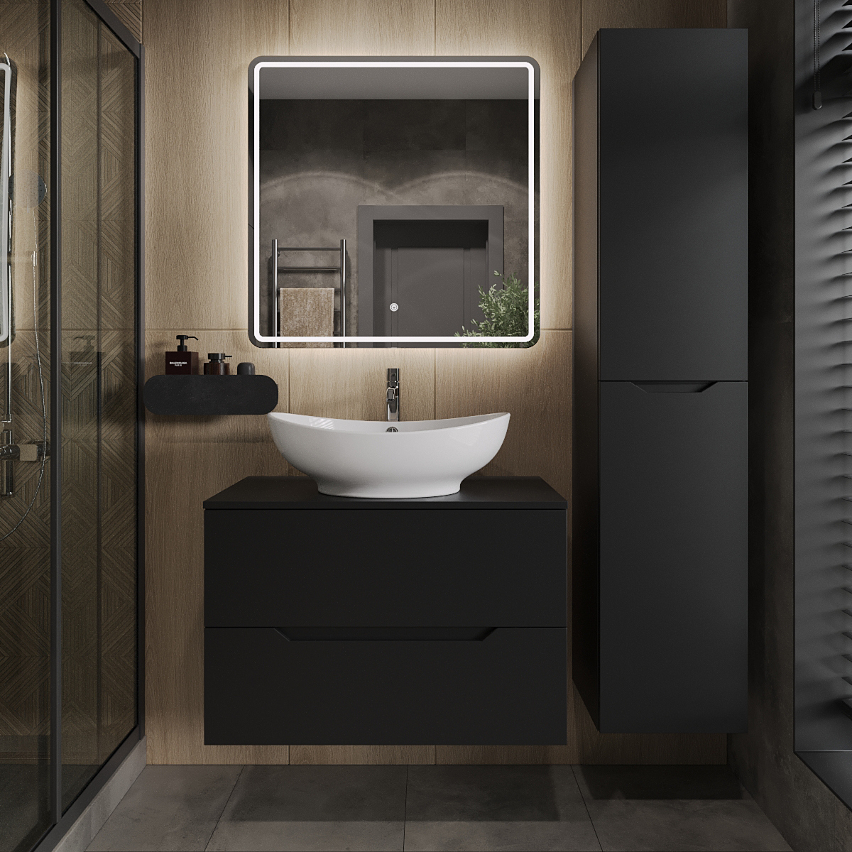 Мебель для ванной комнаты Orange Line 80 подвесная 2 ящика матовая черная с раковиной B08-585w 47370₽