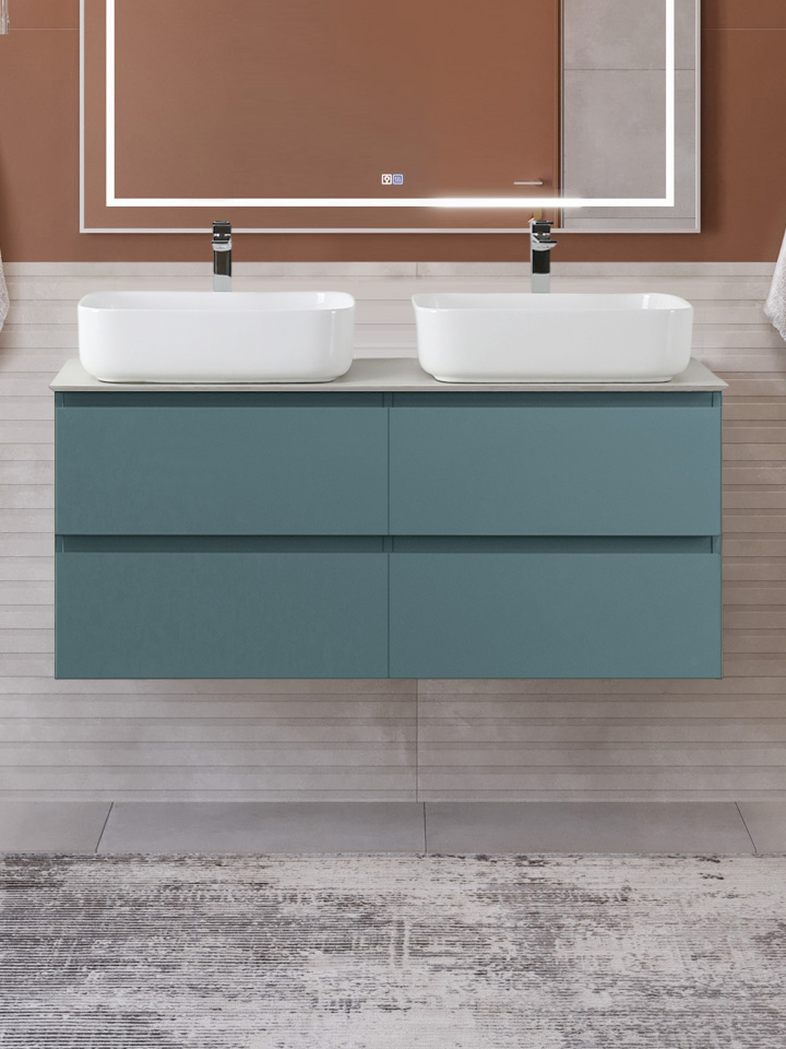 

Тумба с раковиной BelBagno Kraft 120 подвесная, матовая голубая, столешница kep-120-2-cem, раковина BB1304, для двоих