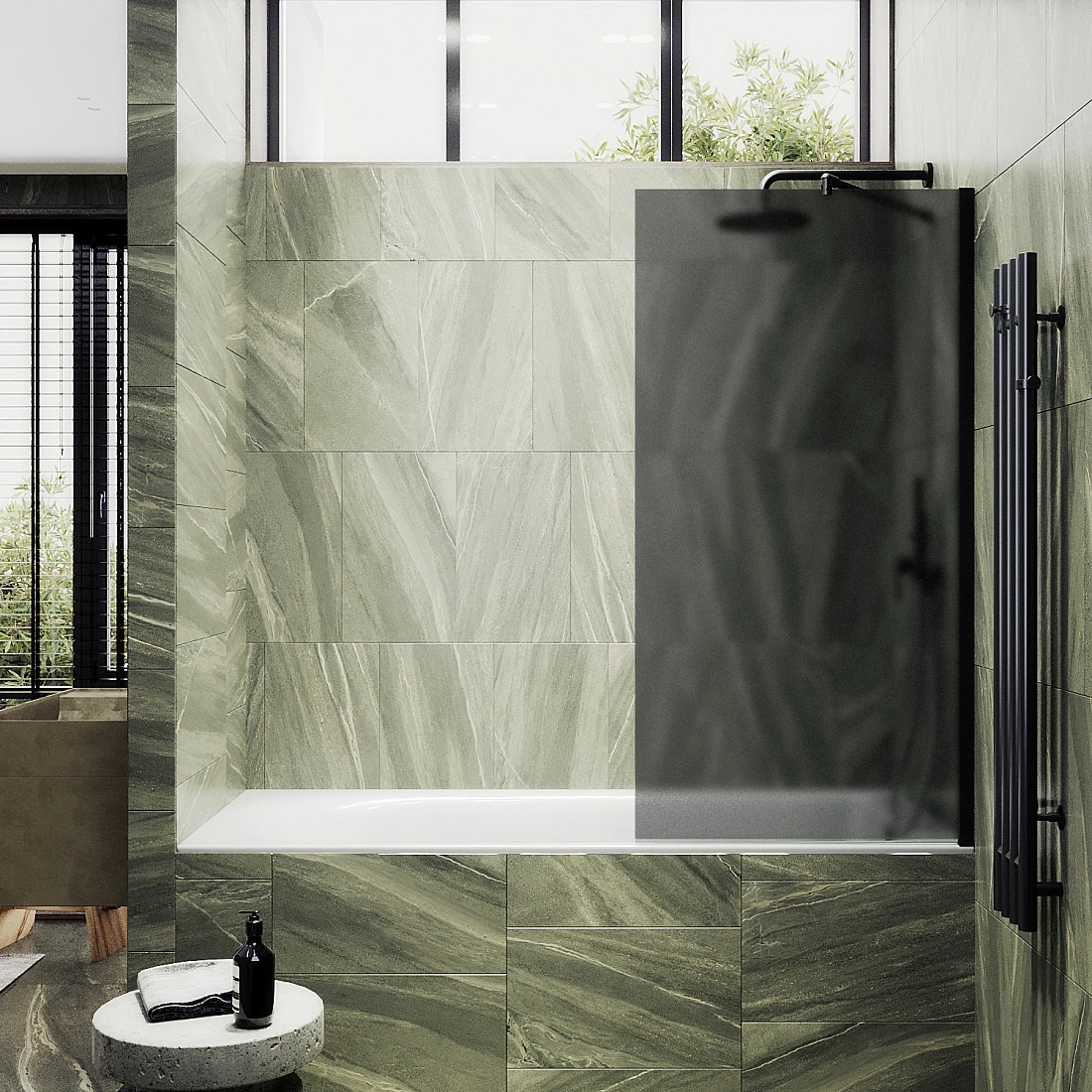 

Шторка на ванну Maybahglass 90x140 широкий профиль черный, стекло графит матовое