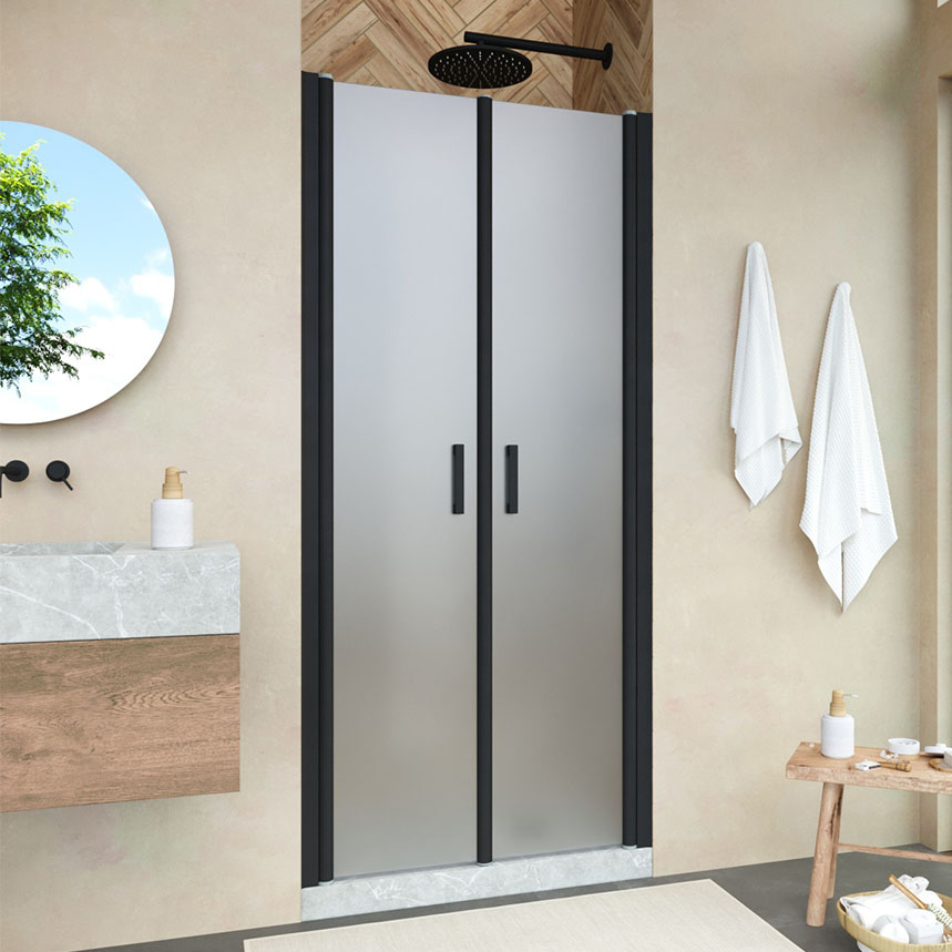 

Душевая дверь в нишу Vegas Glass E2P Novo 85 02М 10 профиль черный матовый, стекло сатин