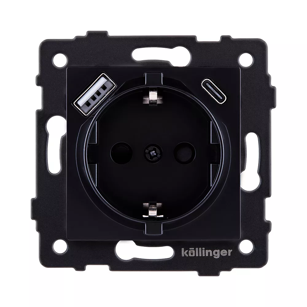 Розетка штепсельная SCHUKO 16A/250 В с USB A+C 20W, черный Kollinger REA-004BK для Aspekt, Eleganz, Reflex
