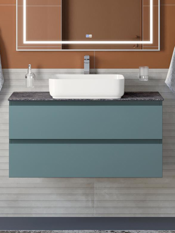 

Тумба с раковиной BelBagno Kraft 100 подвесная, матовая голубая, столешница kep-100-grn, раковина BB1304