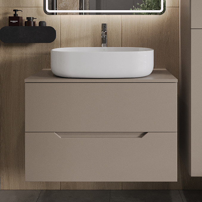 

Тумба с раковиной Orange Line 80 подвесная, 2 ящика, матовый латте с раковиной B08-600W