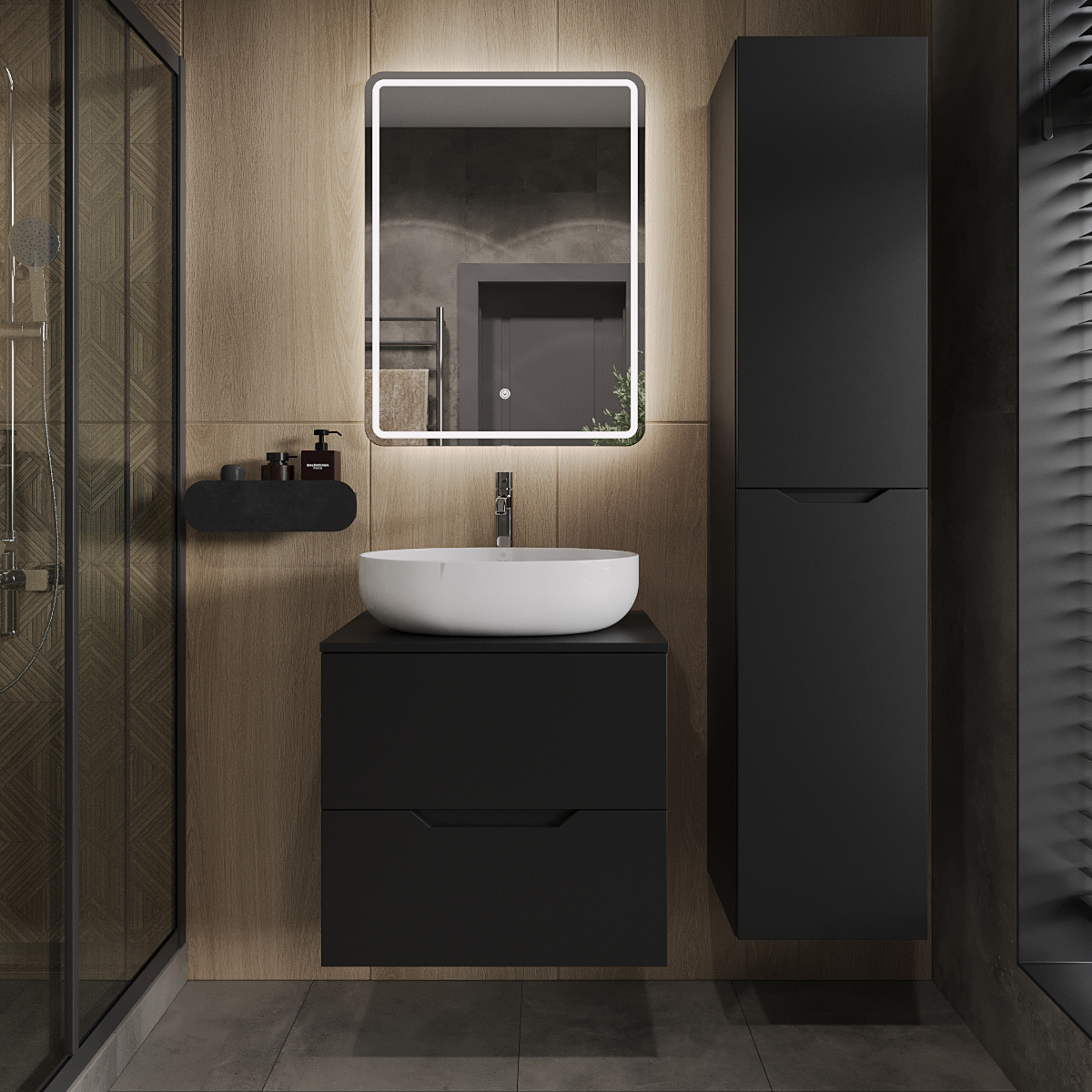 

Мебель для ванной комнаты Orange Line 60 подвесная, 2 ящика, матовая черная с раковиной B05-520W