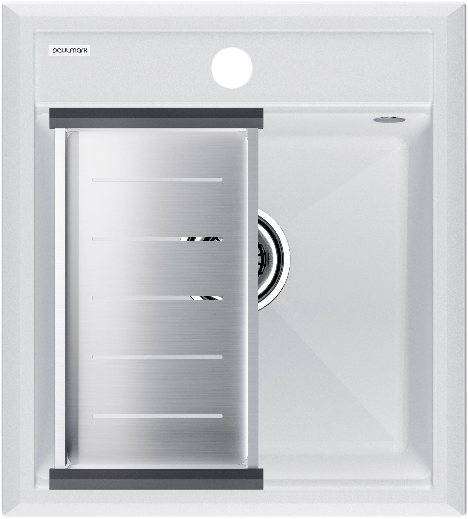 

Мойка кухонная Paulmark Stepia PM114651-WH+A375-BS с коландером, белая