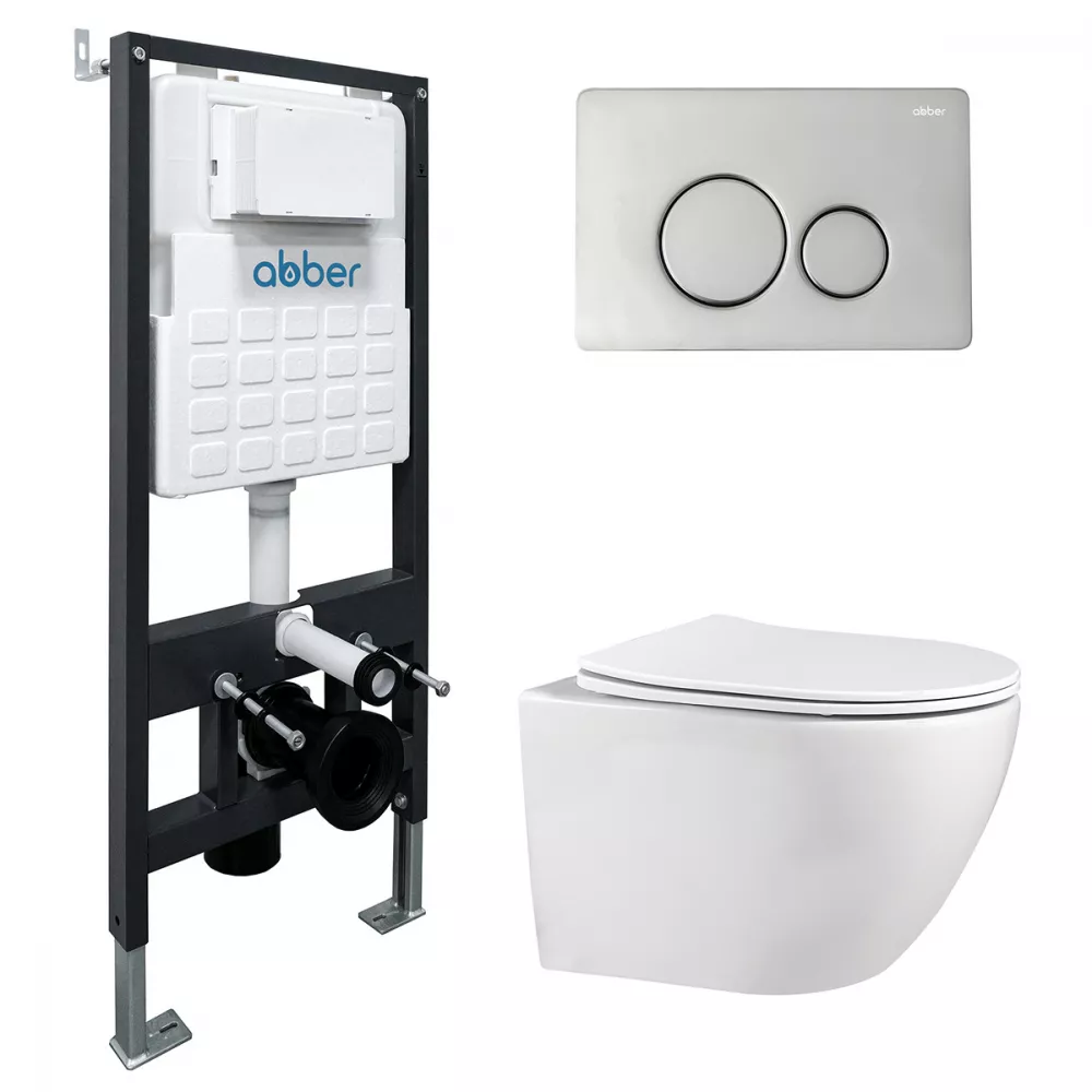 

Комплект Abber Bequem AC1100-AC0105-AC0121, Унитаз подвесной безободковый, с микролифтом + Система инсталляции + Кнопка смыва хром