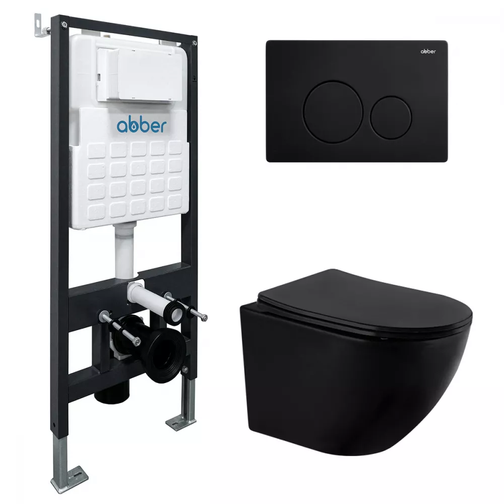 

Комплект Abber Bequem AC1100MB-AC0105-AC0121MB, Унитаз подвесной безободковый, с микролифтом + Система инсталляции + Кнопка смыва черная матовая