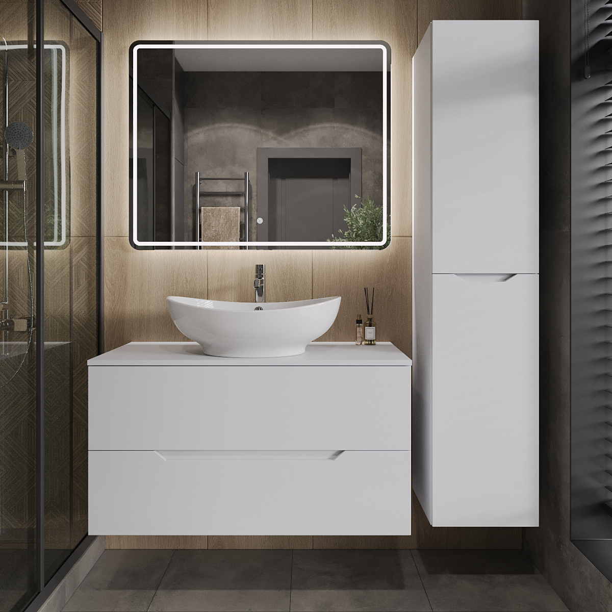 

Мебель для ванной комнаты Orange Line 100 подвесная, 2 ящика, матовая белая с раковиной B08-585w