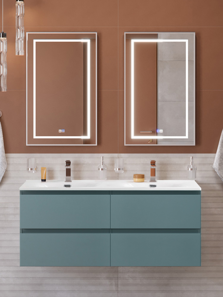 

Мебель для ванной комнаты BelBagno Kraft 120 подвесная, матовая голубая, раковина bb-8099-120-2, для двоих