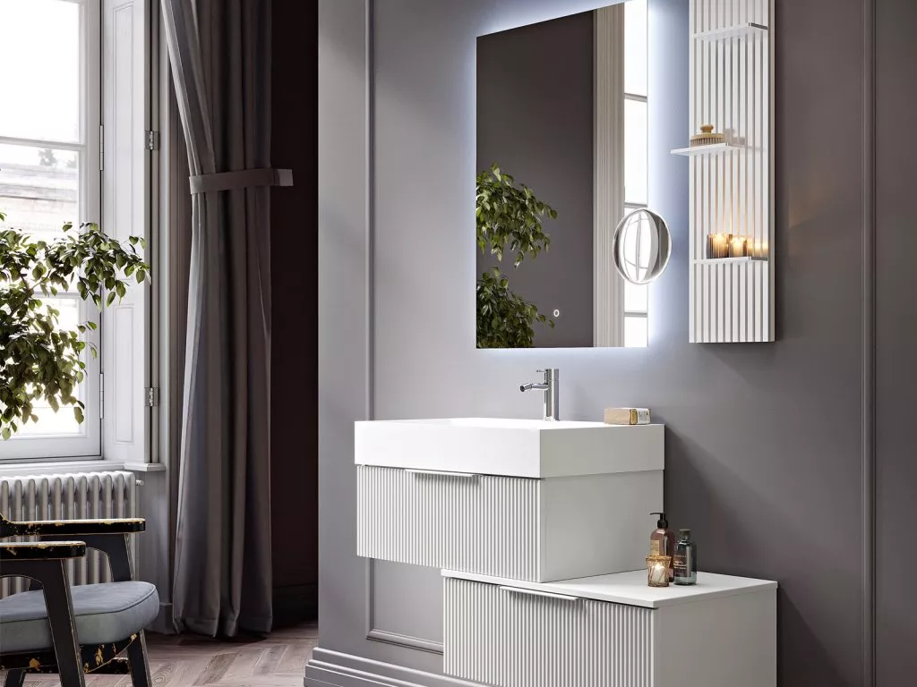 

PREMIUM Тумба подвесная под раковину с выдвижным ящиком, 55419 Plisse Grigio nuvola, 70x44x25