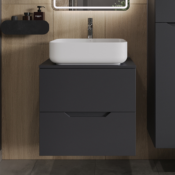 

Тумба с раковиной Orange Line 60 подвесная, 2 ящика, матовый графит с раковиной B05-500W