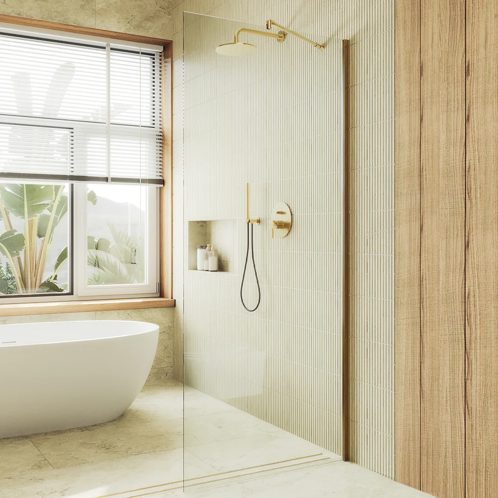 

Душевая перегородка Maybahglass MGD-689-3ш 89 см, профиль золото, стекло прозрачное