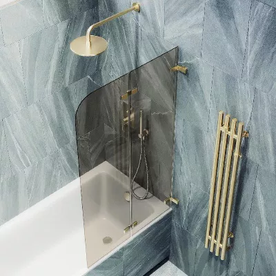 

Шторка на ванну складная MaybahGlass 140х51 профиль золотой, стекло бронза