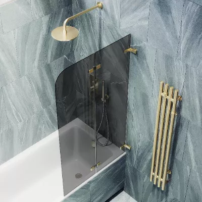 

Шторка на ванну складная MaybahGlass 140х51 профиль золотой, стекло графит