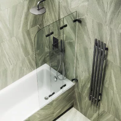 

Шторка на ванну складная MaybahGlass 140х75 профиль черный, стекло прозрачное