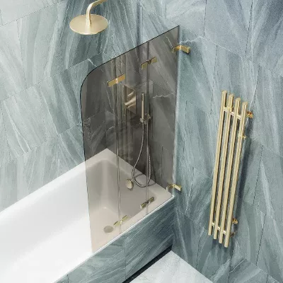 

Шторка на ванну складная MaybahGlass 140х75 профиль золотой, стекло бронза