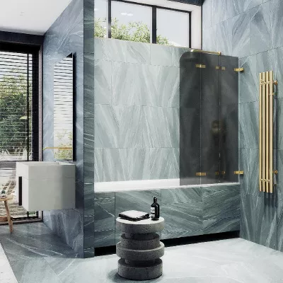 

Шторка на ванну складная MaybahGlass 140х75 профиль золотой, стекло графит матовый