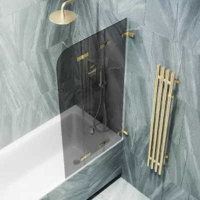 

Шторка на ванну складная MaybahGlass 140х75 профиль золотой, стекло графит