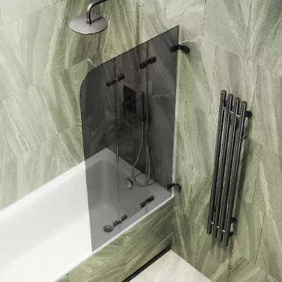 

Шторка на ванну складная MaybahGlass 140х75 профиль черный, стекло графит