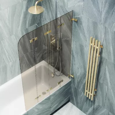 

Шторка на ванну складная MaybahGlass 140х98 профиль золотой, стекло бронза