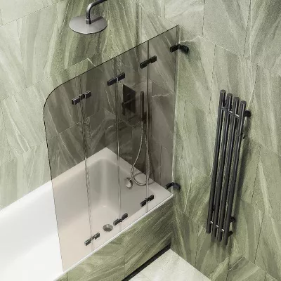 

Шторка на ванну складная MaybahGlass 140х98 профиль черный, стекло бронза