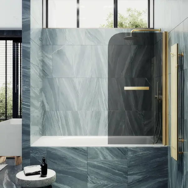 

Шторка на ванну поворотная с полотенцедержателем MaybahGlass 140х50 профиль золотой, стекло графит