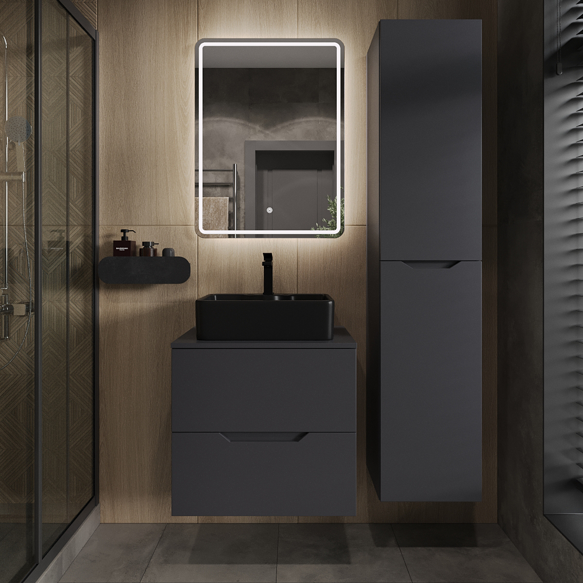 

Мебель для ванной комнаты Orange Line 60 подвесная, 2 ящика, матовый графит с раковиной B01-475mb