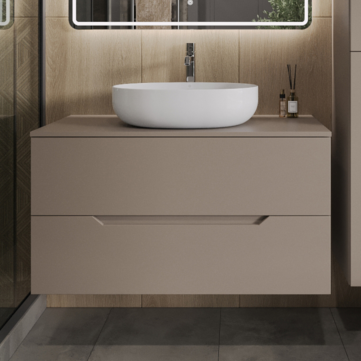 

Тумба с раковиной Orange Line 100 подвесная, 2 ящика, матовый латте с раковиной B05-520W