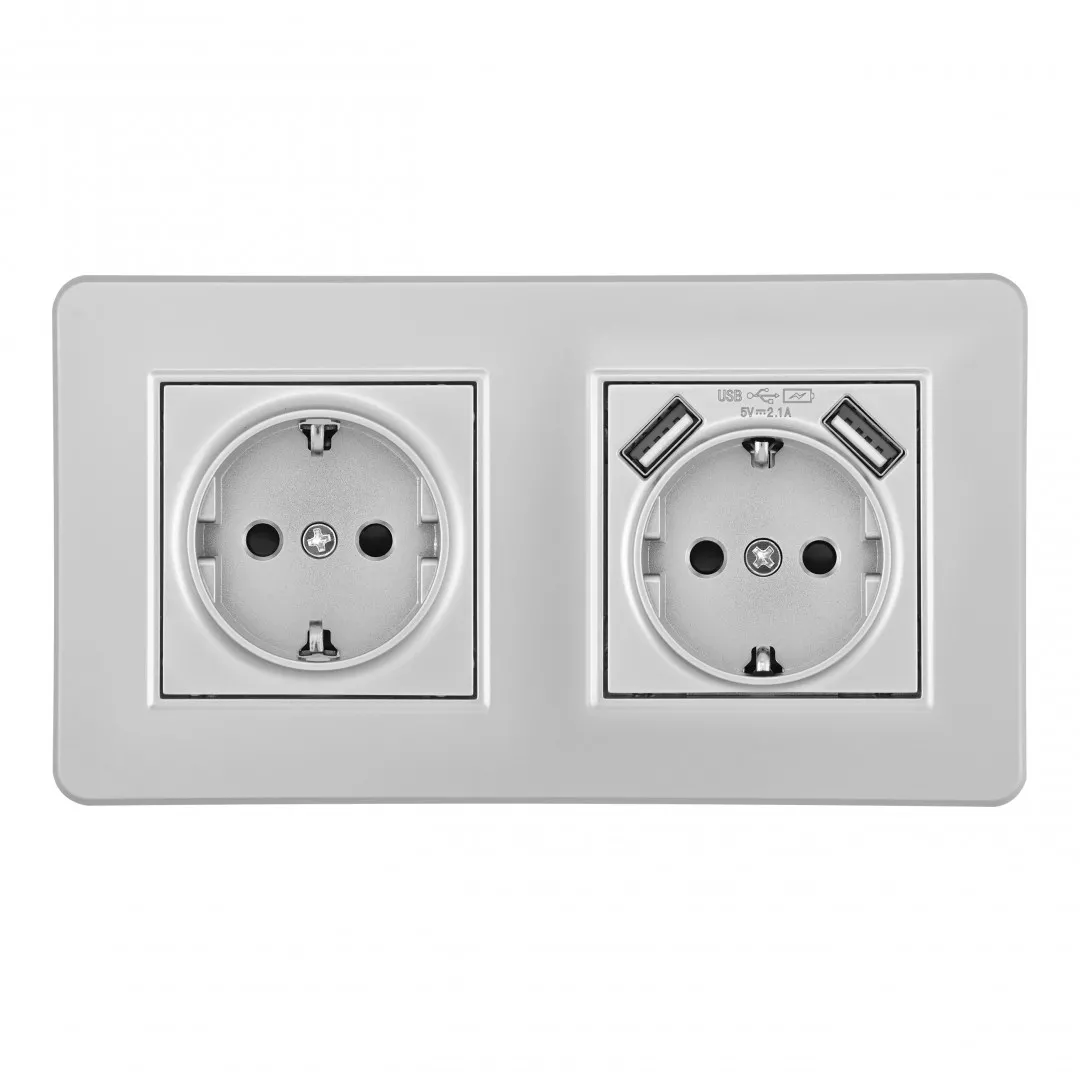 

Розетка двойная (двухпостовая) с/з и шторками + USB Arte Milano SET16-2-47-1-40-1 silver