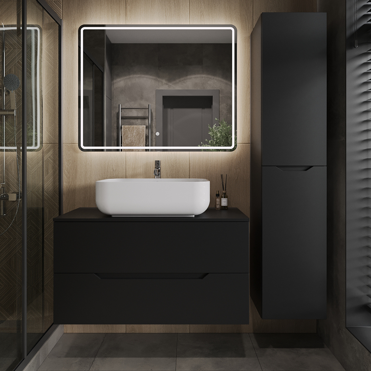 

Мебель для ванной комнаты Orange Line 100 подвесная, 2 ящика, матовая черная с раковиной B03-600W