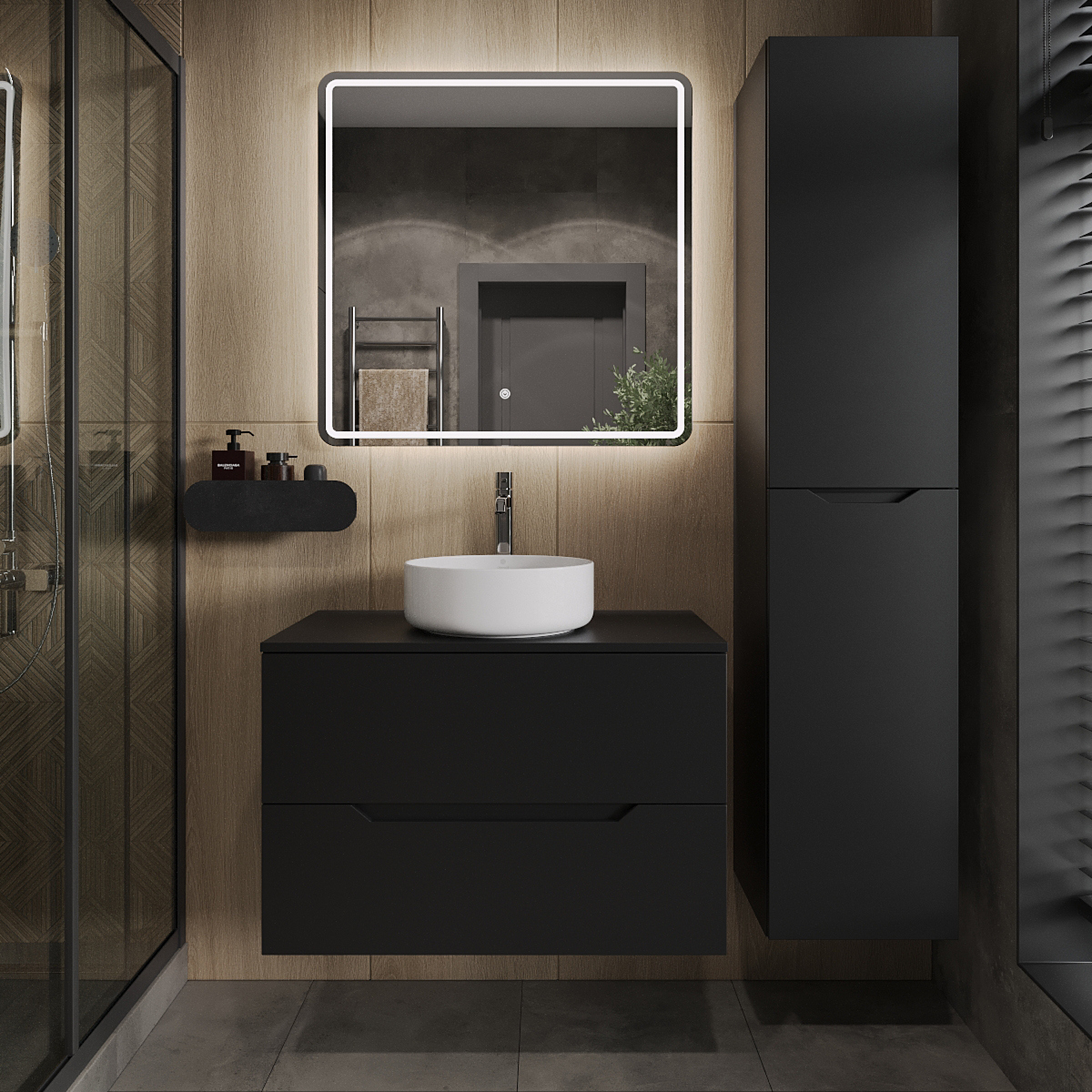 

Мебель для ванной комнаты Orange Line 80 подвесная, 2 ящика, матовая черная с раковиной B09-360W