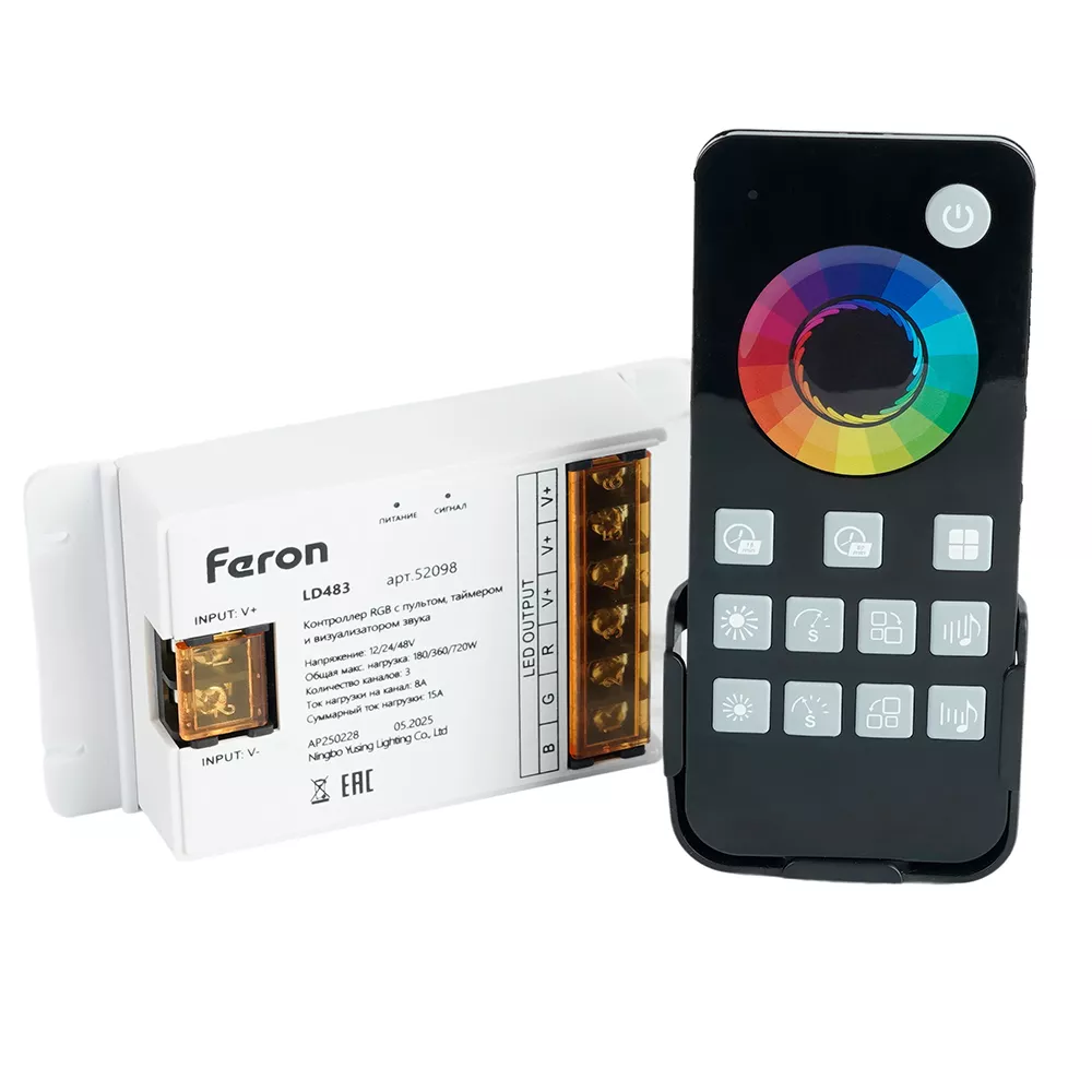 

Контроллер RGB с пультом, таймером и визуализатором звука Feron LD483 12-24-48V 52098