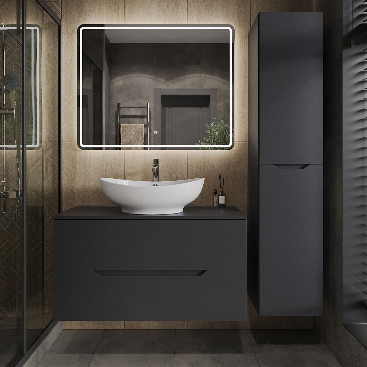 

Мебель для ванной комнаты Orange Line 100 подвесная, 2 ящика, матовый графит с раковиной B08-585w