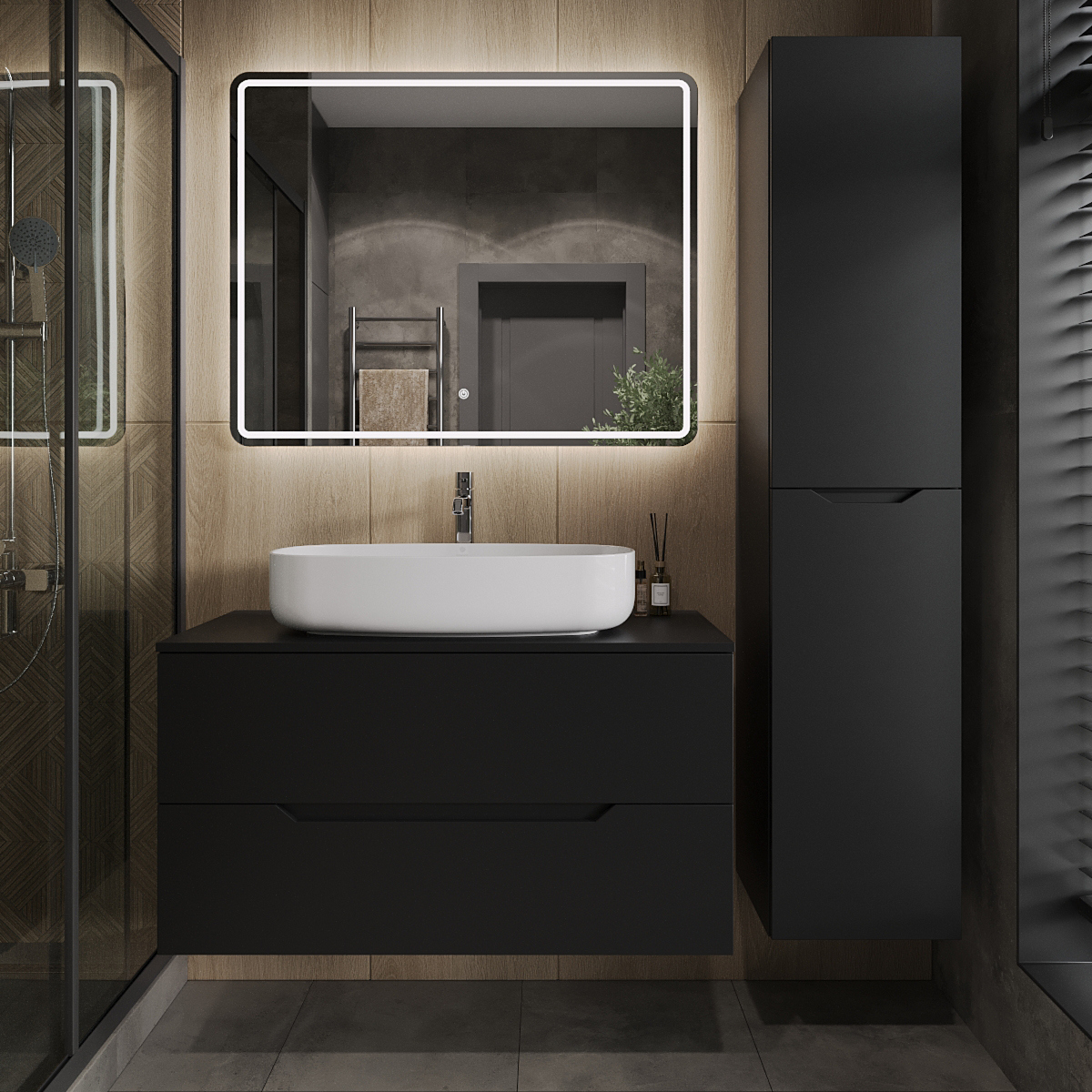 

Мебель для ванной комнаты Orange Line 100 подвесная, 2 ящика, матовая черная с раковиной B07-675W