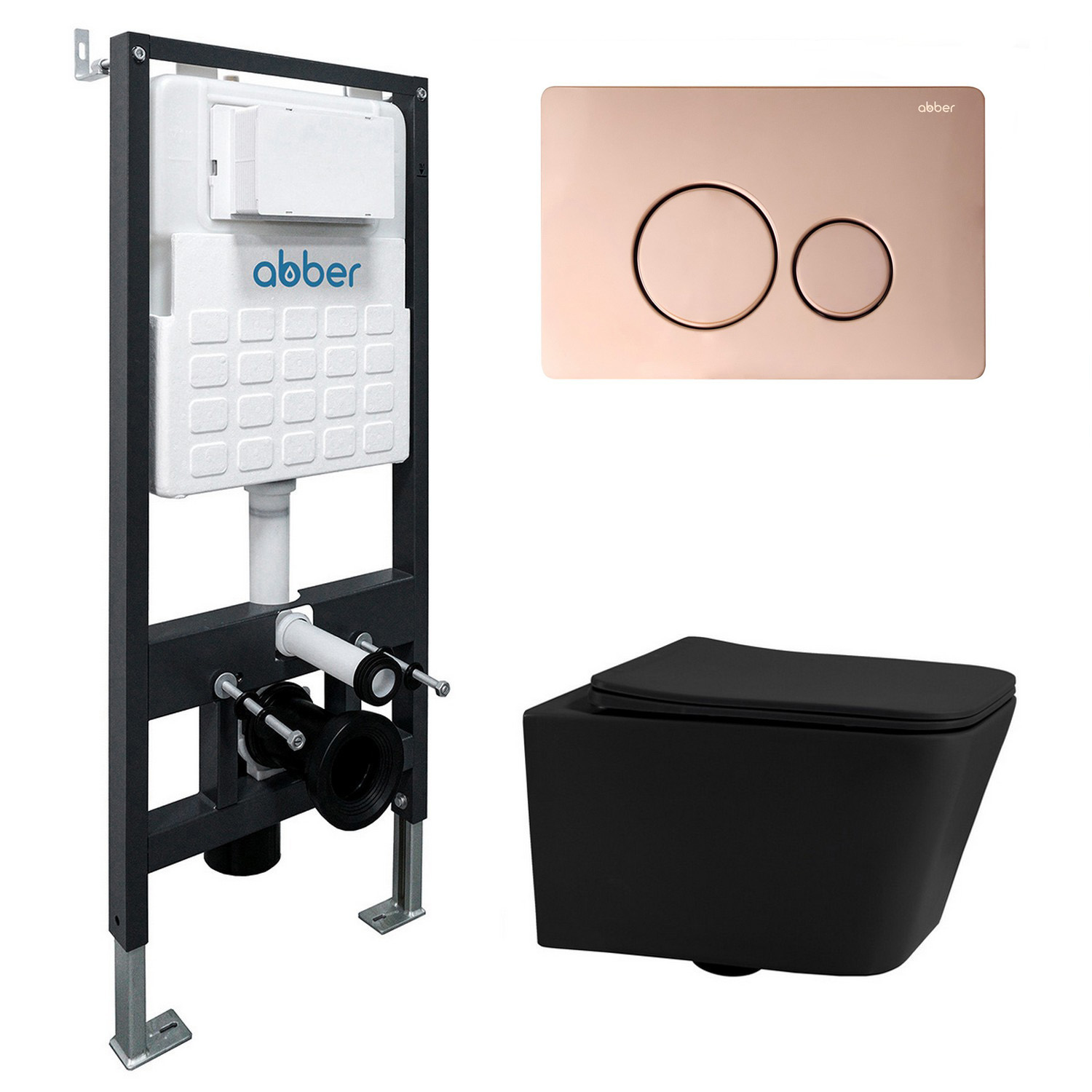 

Комплект 4 в 1 Abber Rechteck AC1201MB-AC0105-AC0121RG Унитаз подвесной безободковый, с микролифтом + Система инсталляции + Кнопка смыва розовое золото