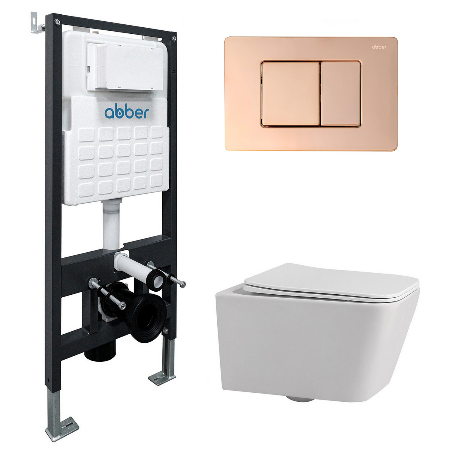 Комплект 4 в 1 Abber Rechteck AC1201-AC0105-AC0120RG Унитаз подвесной безободковый с микролифтом Система инсталляции Кнопка смыва розовое золото 34800₽