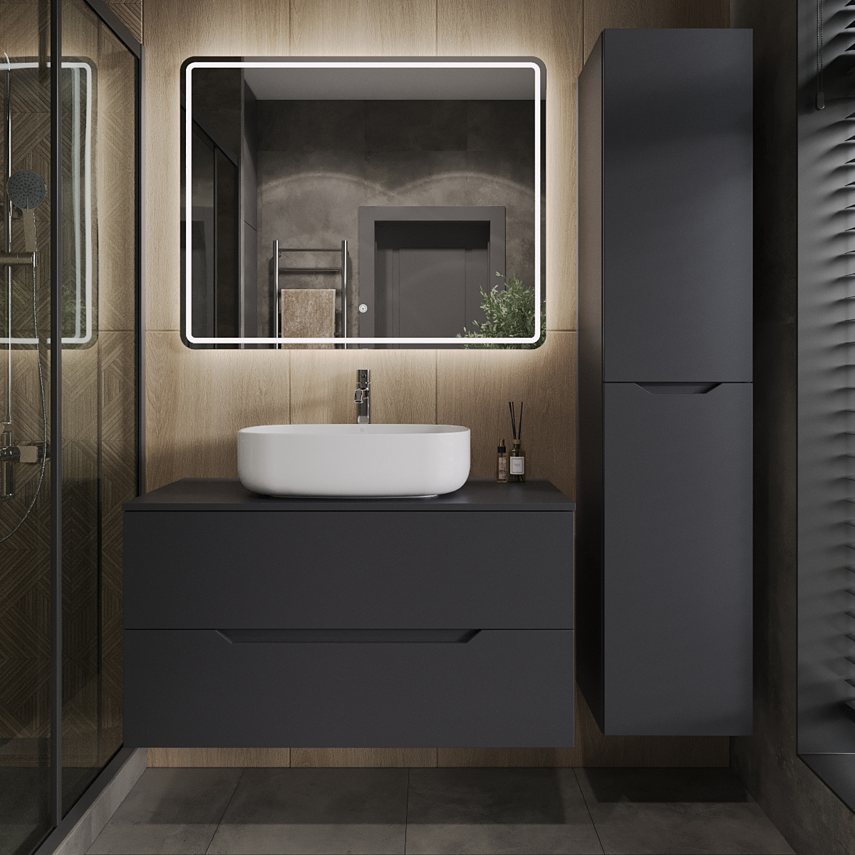 

Мебель для ванной комнаты Orange Line 100 подвесная, 2 ящика, матовый графит с раковиной B07-540W