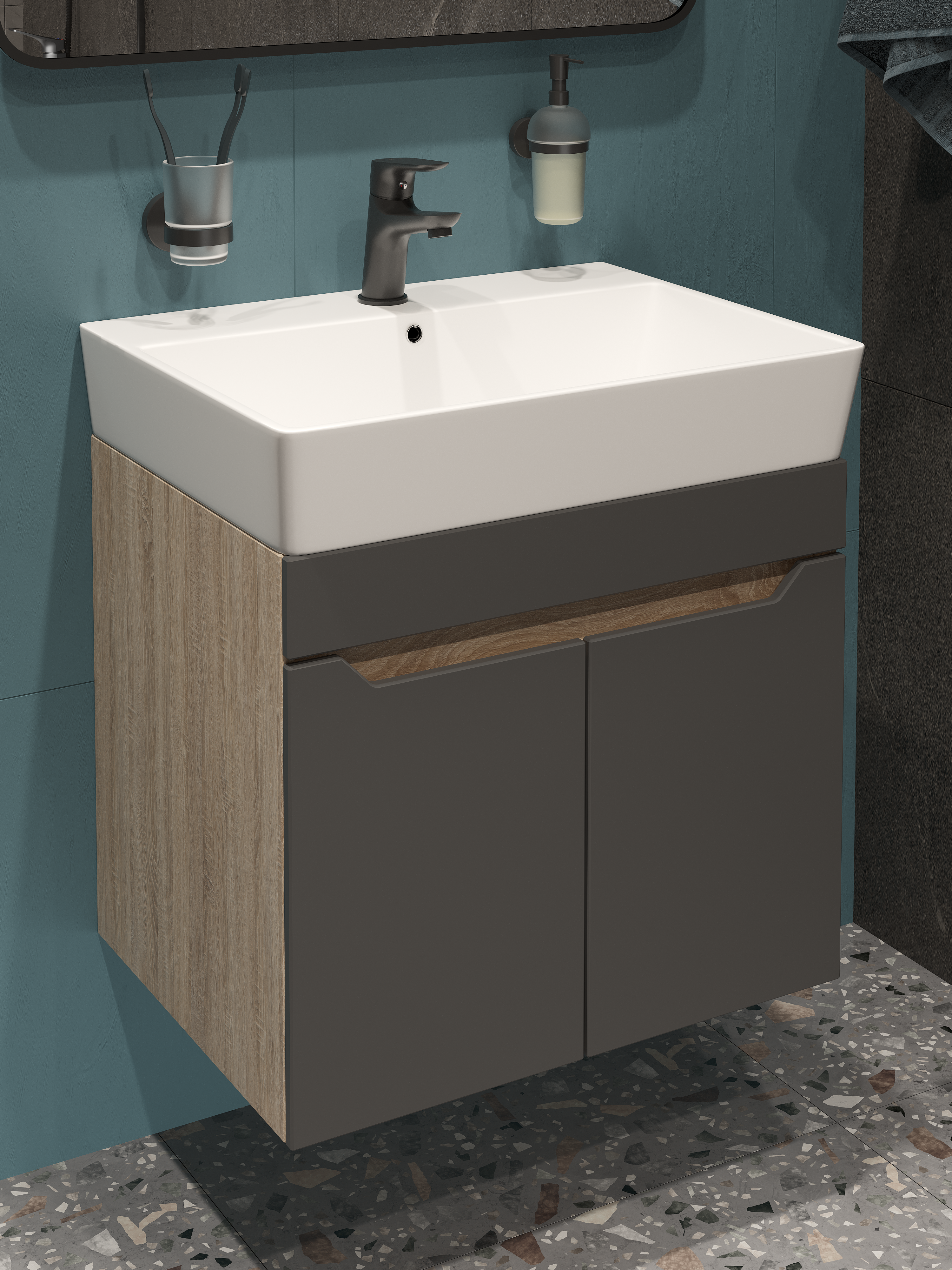 

Тумба с раковиной DIWO Архангельск 60 подвесная, антрацит, дуб сонома